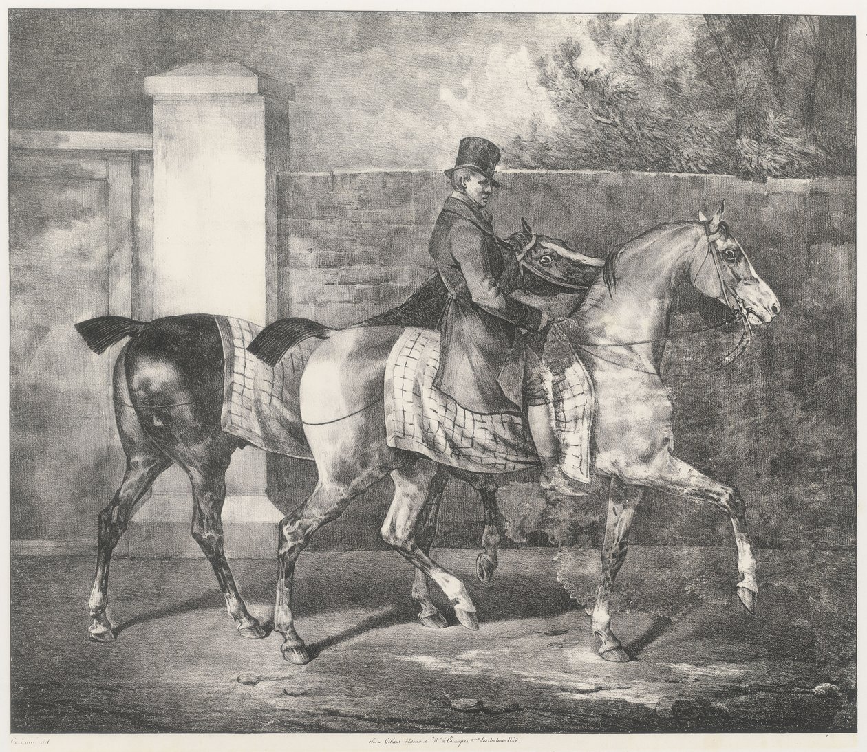 Dos caballos que pasea un jinete (Un mozo de cuadra que ejercita a dos caballos) de Theodore Gericault