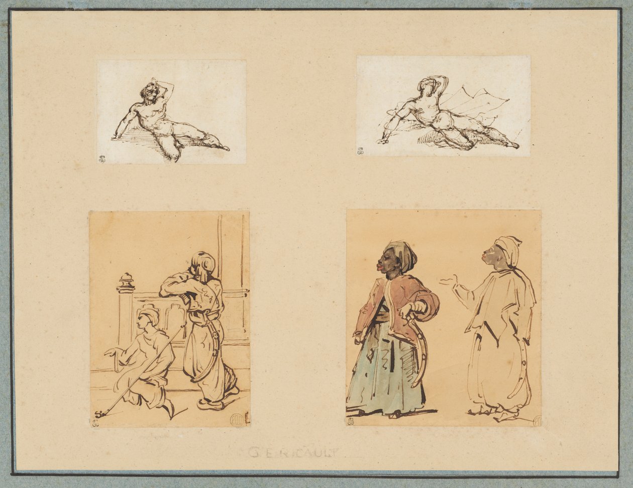 Cuatro dibujos: dos desnudos masculinos recostados y dos estudios de figuras otomanas de Theodore Gericault