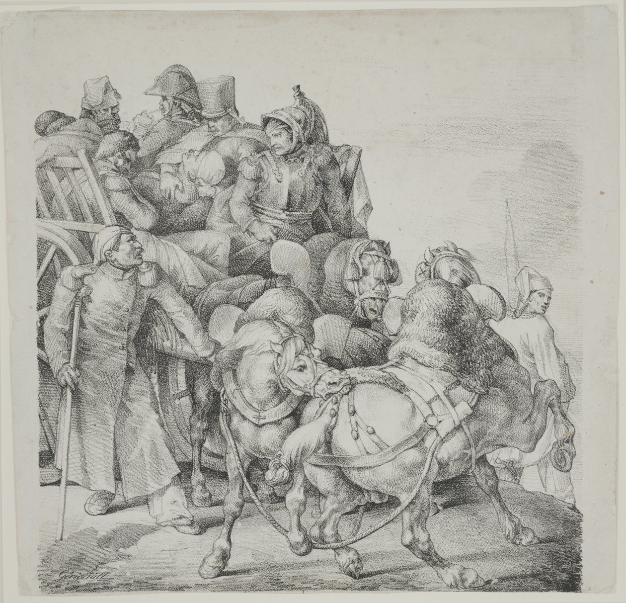Carro tirado por caballos lleno de soldados heridos, litografía de C. Motte de Theodore Gericault