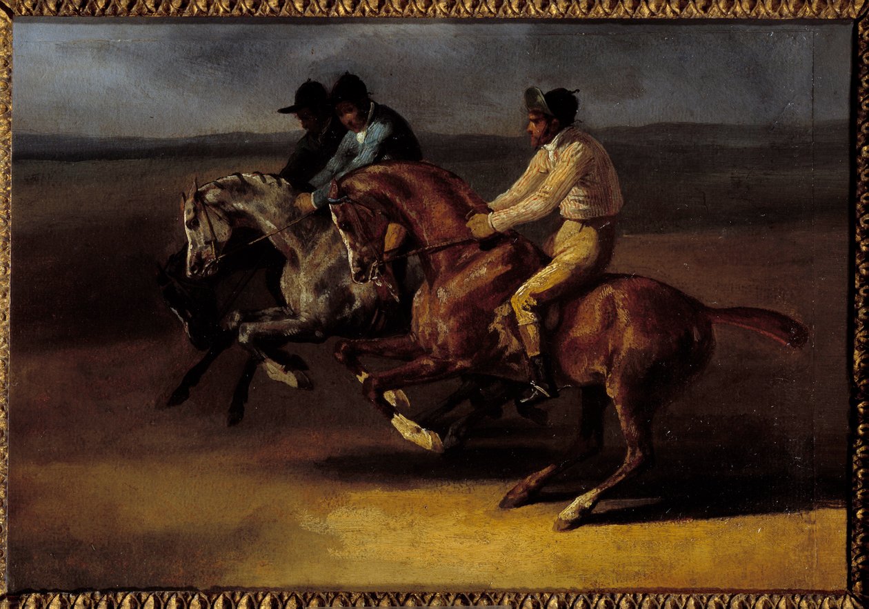Carrera de caballos hacia la izquierda en el momento de la salida de Theodore Gericault