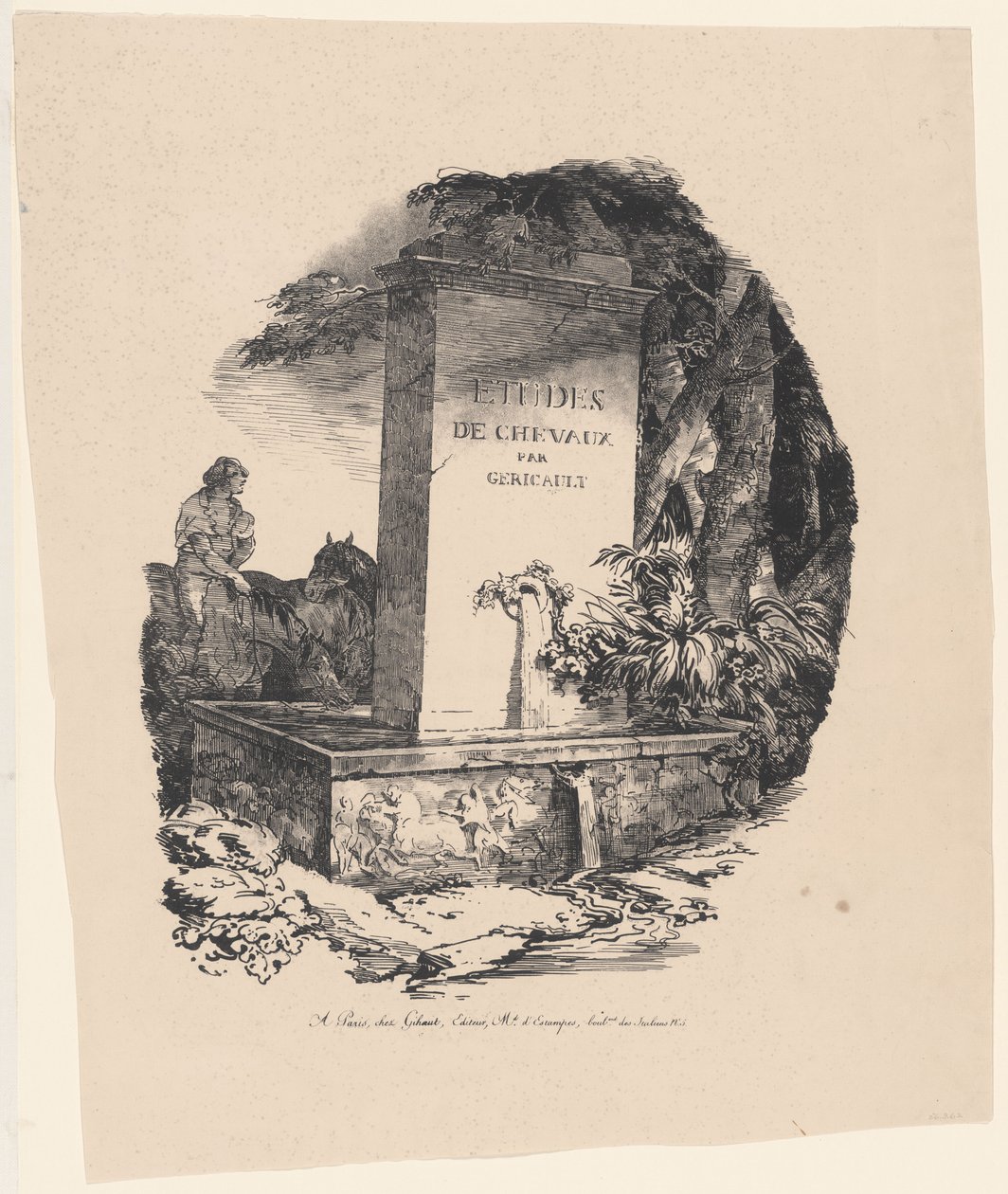«El abrevadero», portada de «Los grandes caballos: estudios de caballos» (The Watering Trough, Title Page for Studies of Horses or The Large Horses) de Theodore Gericault