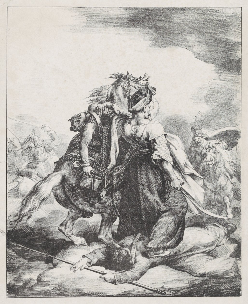 Un mameluco de la guardia imperial defendiendo a un trompetista herido frente a un cosaco (Un mameluco egipcio defendiendo a un trompetista francés herido en Waterloo) de Theodore Gericault