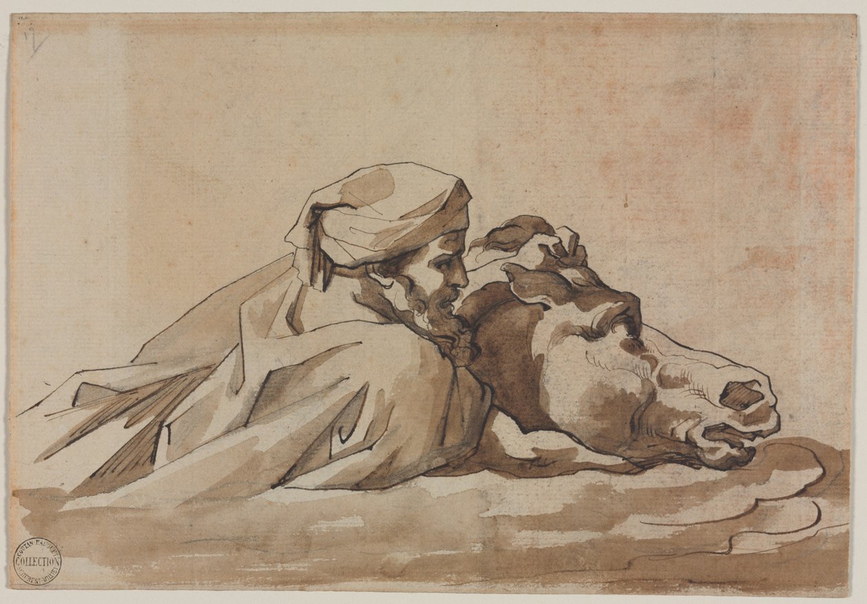 Hombre agarrando un caballo en el agua, después del "Diluvio" de Poussin (anverso) de Theodore Gericault