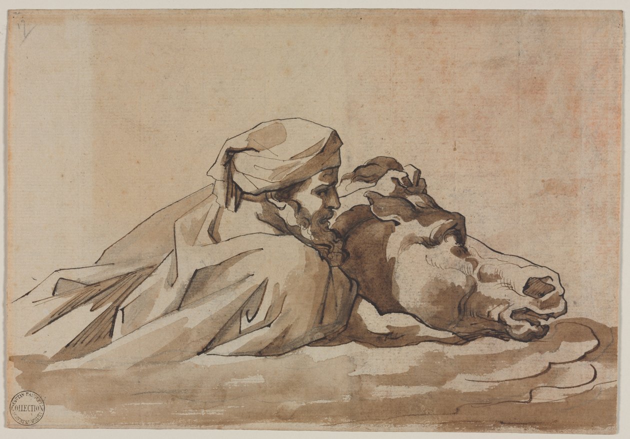 Hombre agarrado a un caballo en el agua, según "Diluvio" de Poussin (anverso), c. 1816 (pluma y tinta marrón y pincel y aguada marrón sobre grafito) de Theodore Gericault