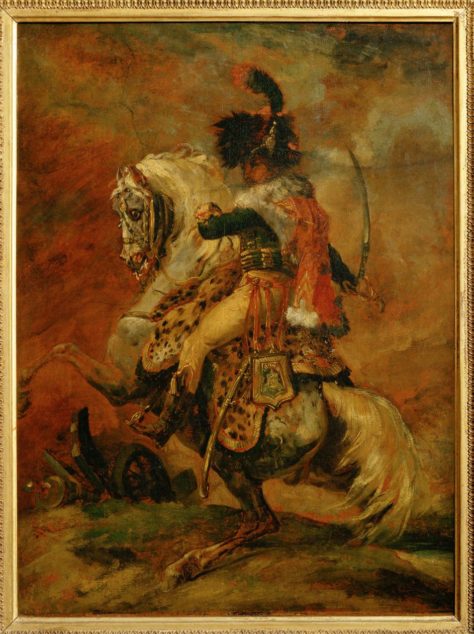 Oficial de los Chasseurs a Cheval de la Garde Imperiale, cobrando. Salón 1812 ... de Theodore Gericault
