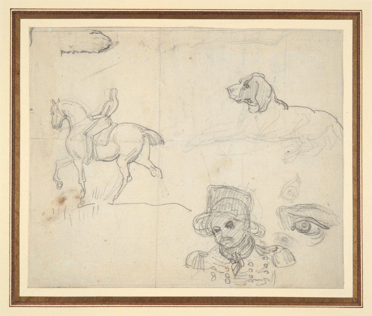 Página de bocetos (caballo, perro, cabeza de soldado) de Theodore Gericault