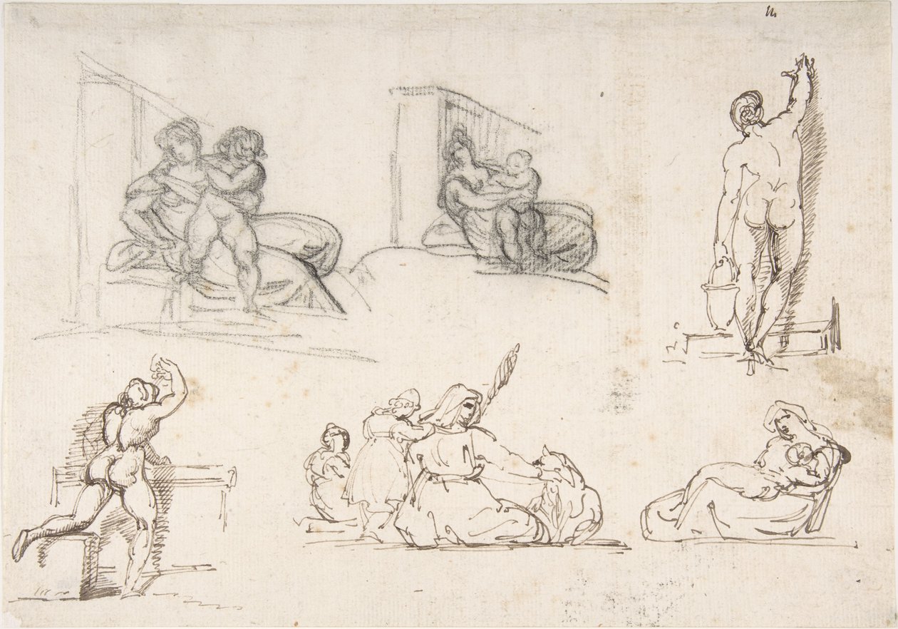 Seis estudios de figuras, entre ellos cuatro para «La familia italiana pobre» de Theodore Gericault
