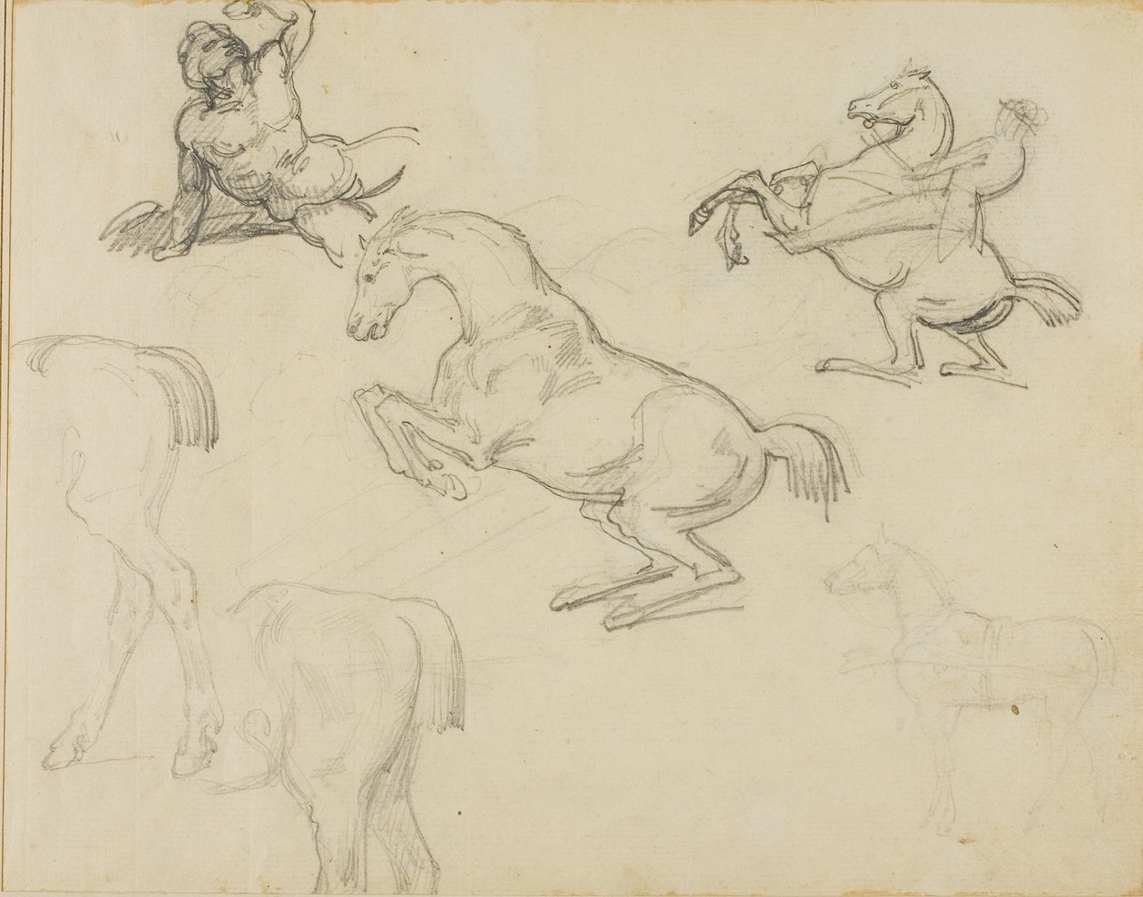 Bocetos: Desnudo recostado, un jinete y varios caballos de Theodore Gericault