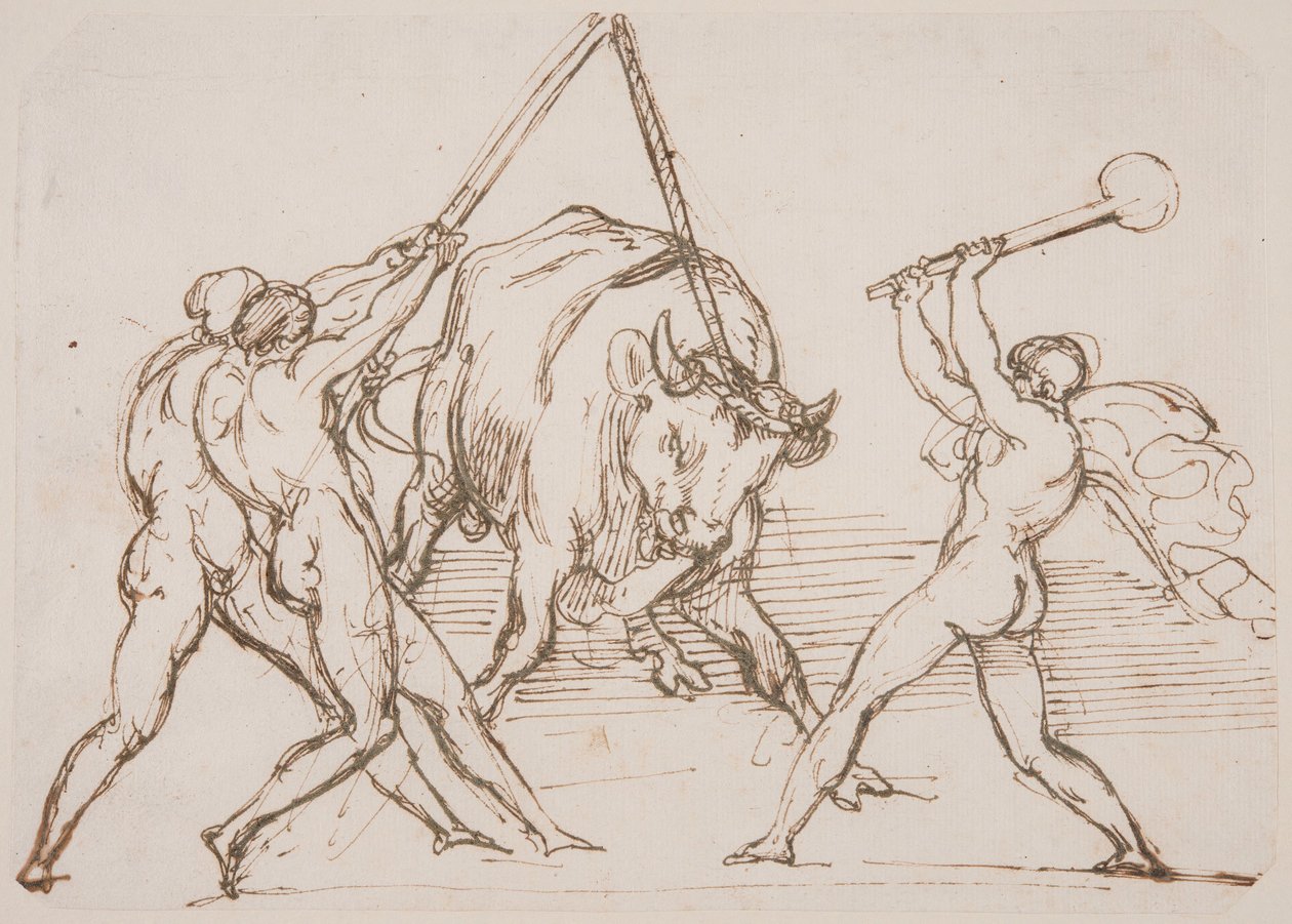 Tres hombres provocando a un toro de Theodore Gericault