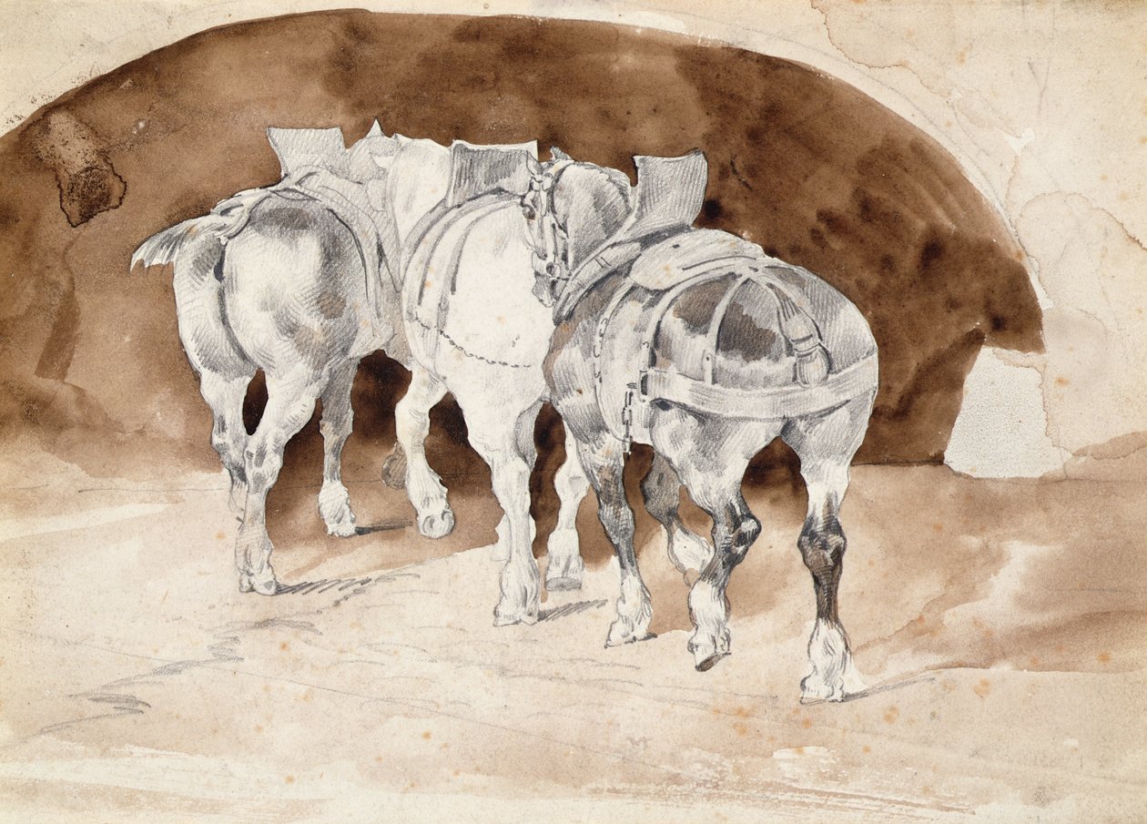 Tres caballos pesados con arneses de Theodore Gericault