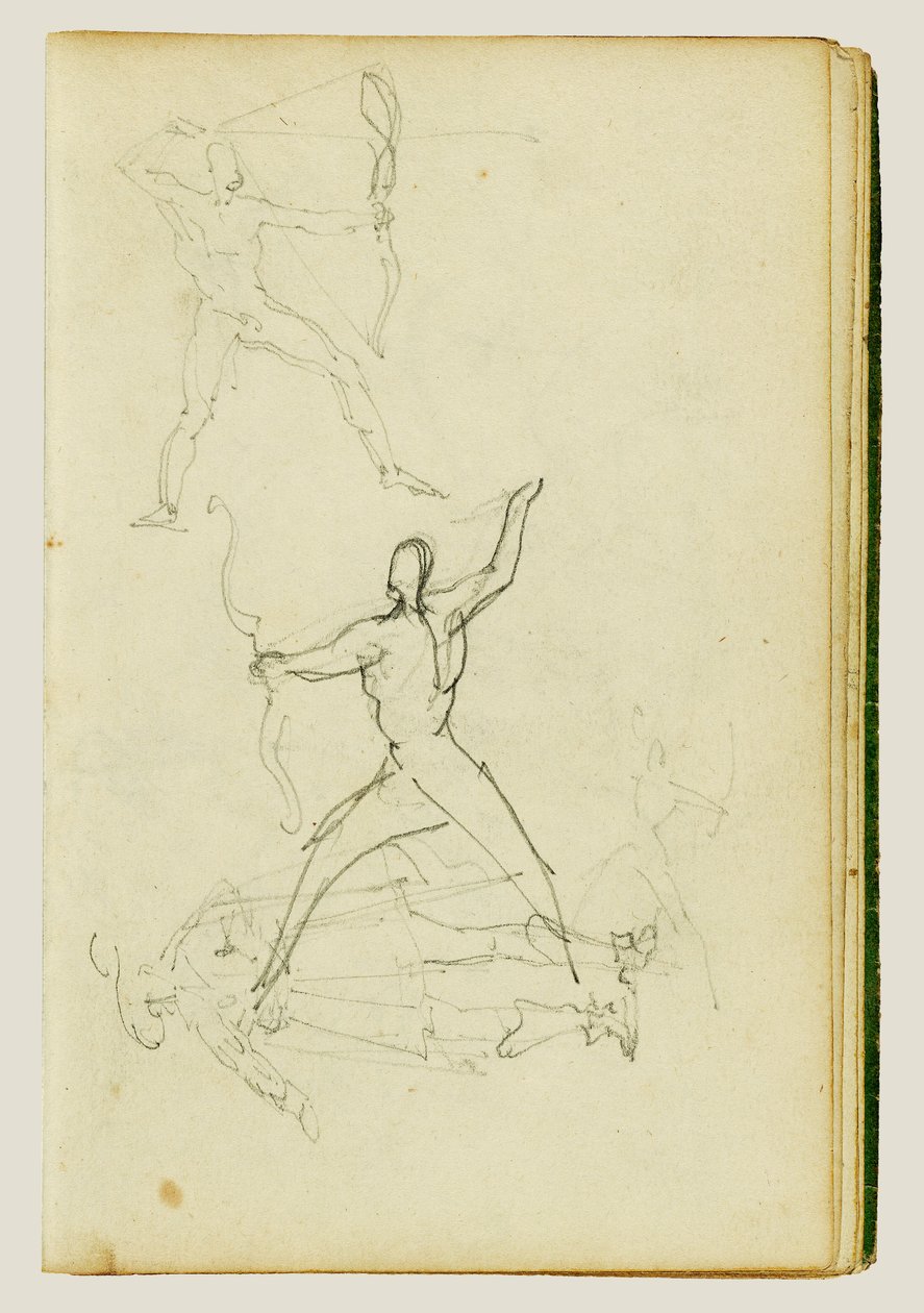 Tres estudios de un hombre desnudo con arco y flecha, de pie en postura caballerosa de Theodore Gericault
