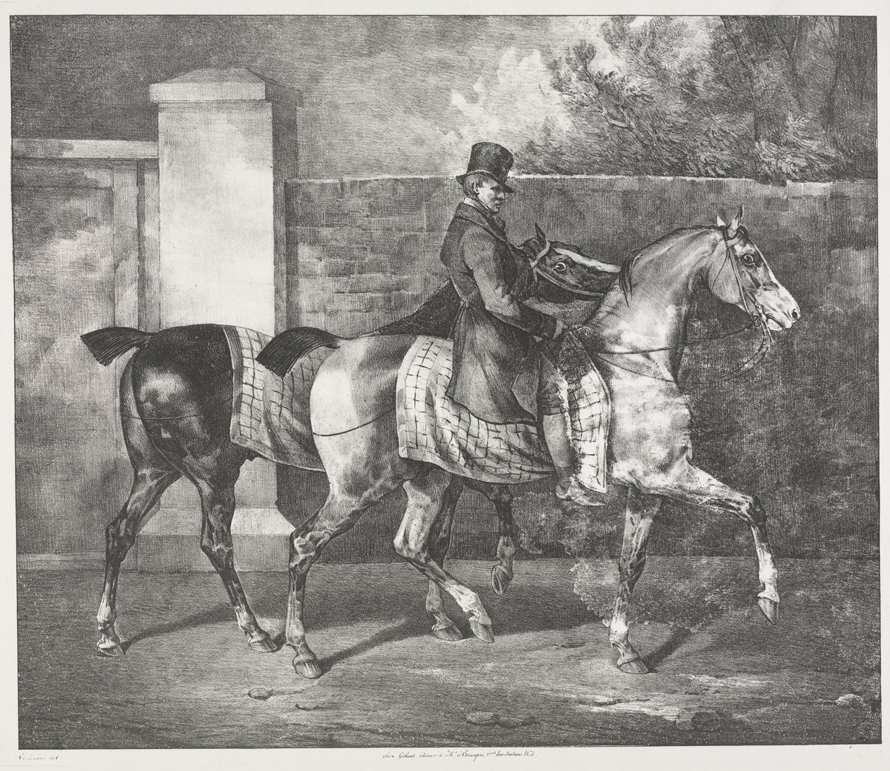 Dos caballos entrenados por un jinete de Theodore Gericault
