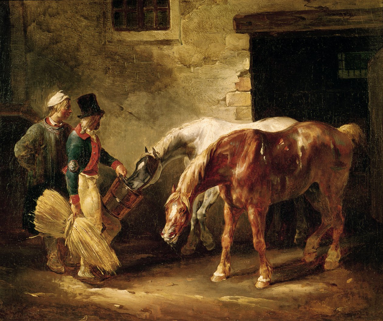 Dos caballos de posta en la puerta de un establo de Theodore Gericault