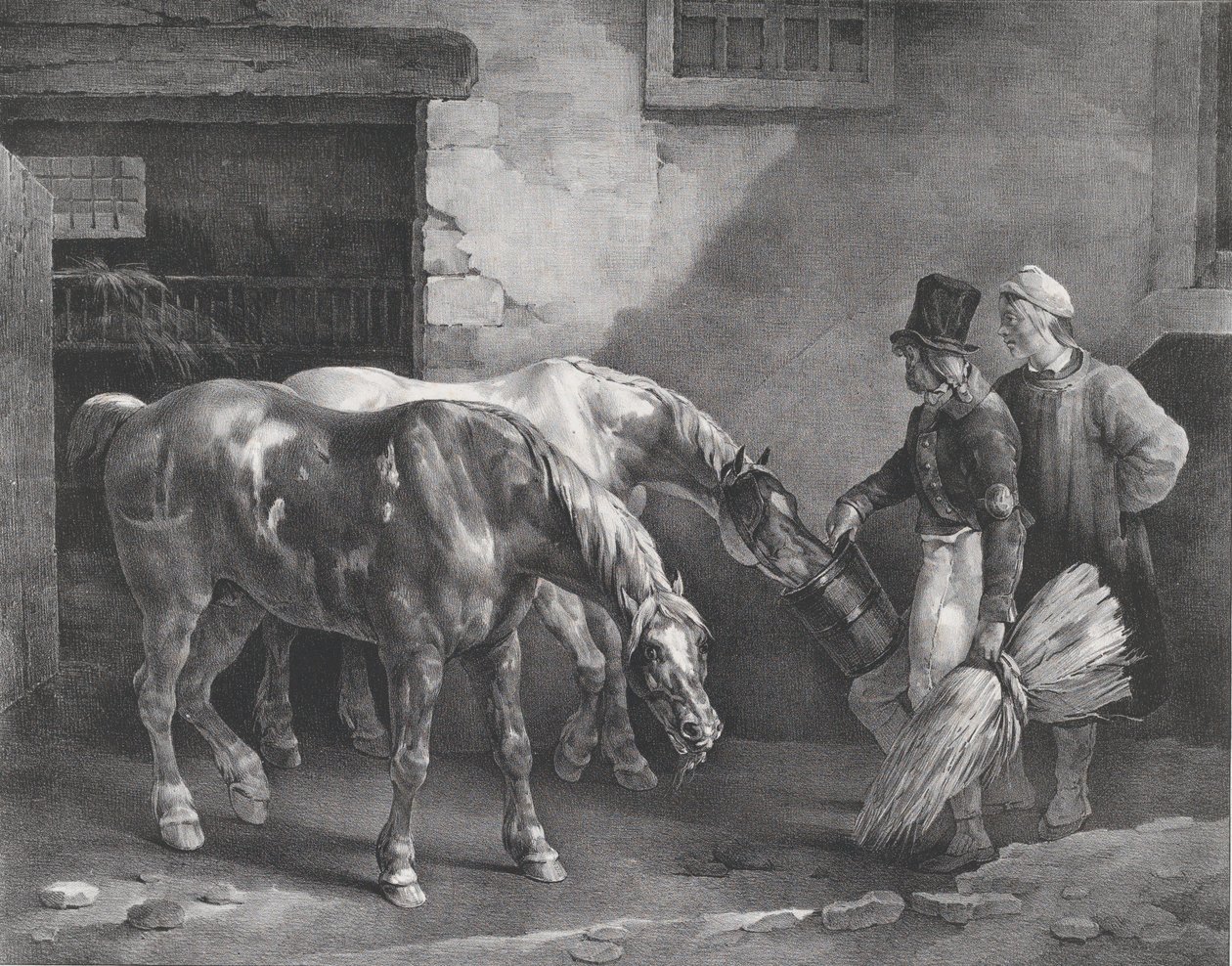 Dos caballos de posta en la puerta de un establo, 1822 de Theodore Gericault