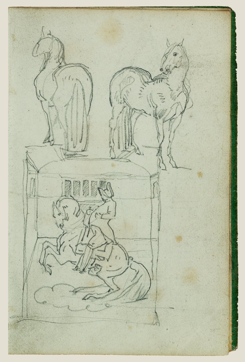 Dos caballos de pie; un hombre montado en un caballo que se encabrita de Theodore Gericault