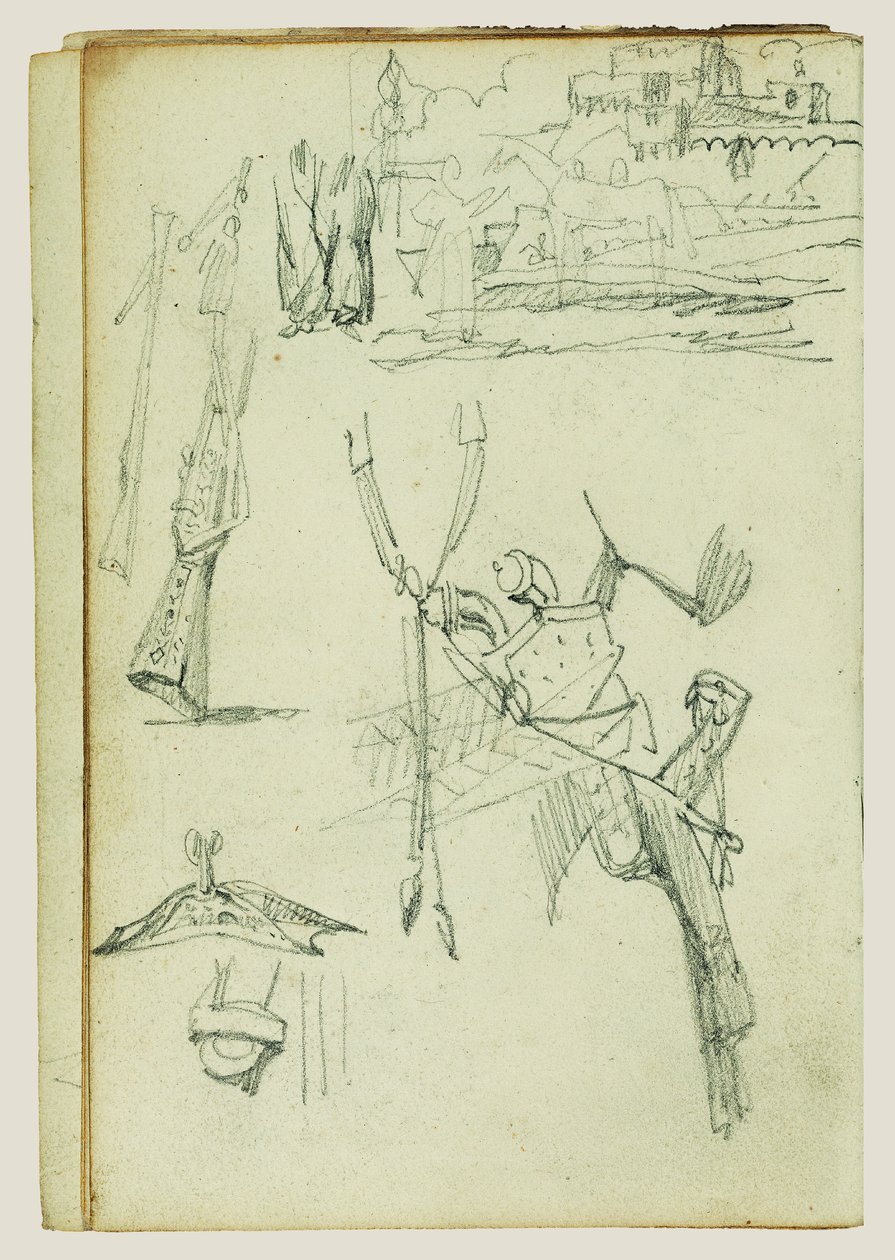 Estudios de armas, estudio compositivo de una escena en un castillo de Theodore Gericault