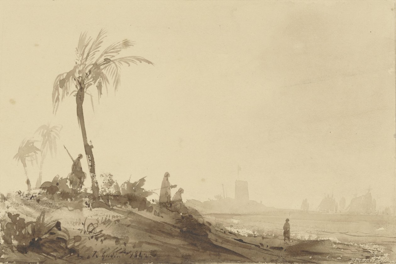 Beduinos bajo una palmera de Theodore Gudin