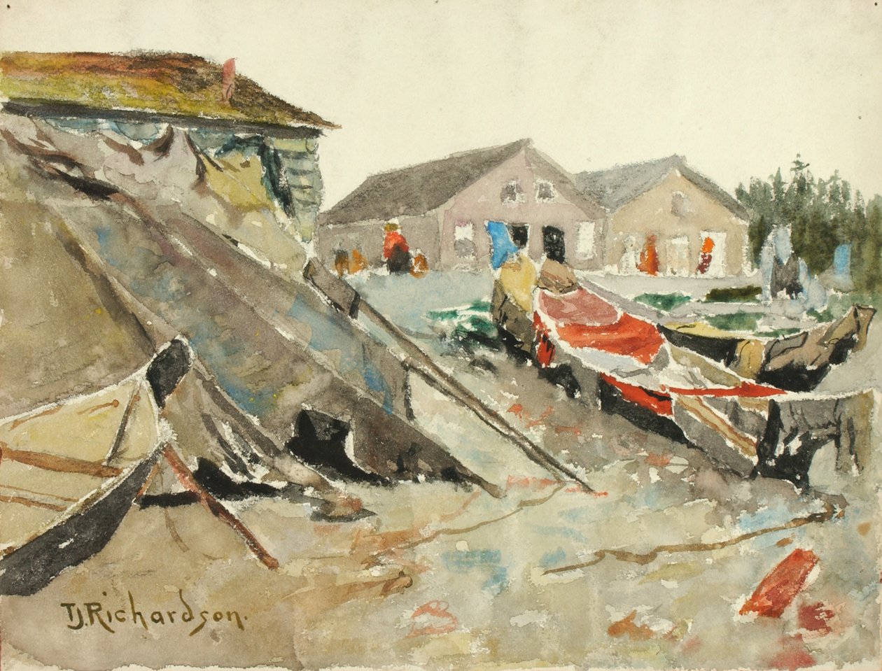 Secado de mantas sobre canoas, ca. 1890-1914 de Theodore J. Richardson