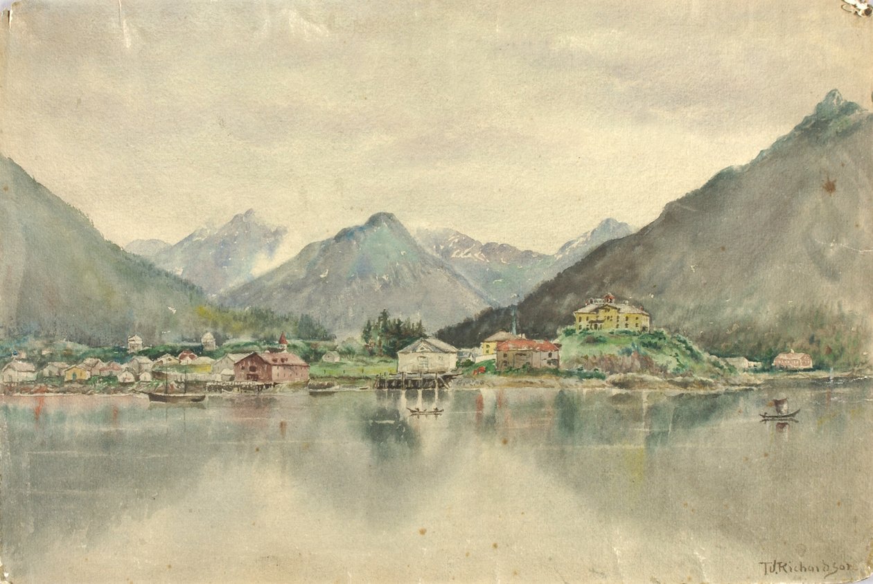 Sitka desde las islas, mostrando el castillo ruso, 1888 de Theodore J. Richardson