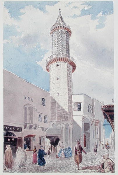 El minarete de la mezquita en Rue de Chartres y Rue Bab-Azoun, Argel de Theodore Leblanc