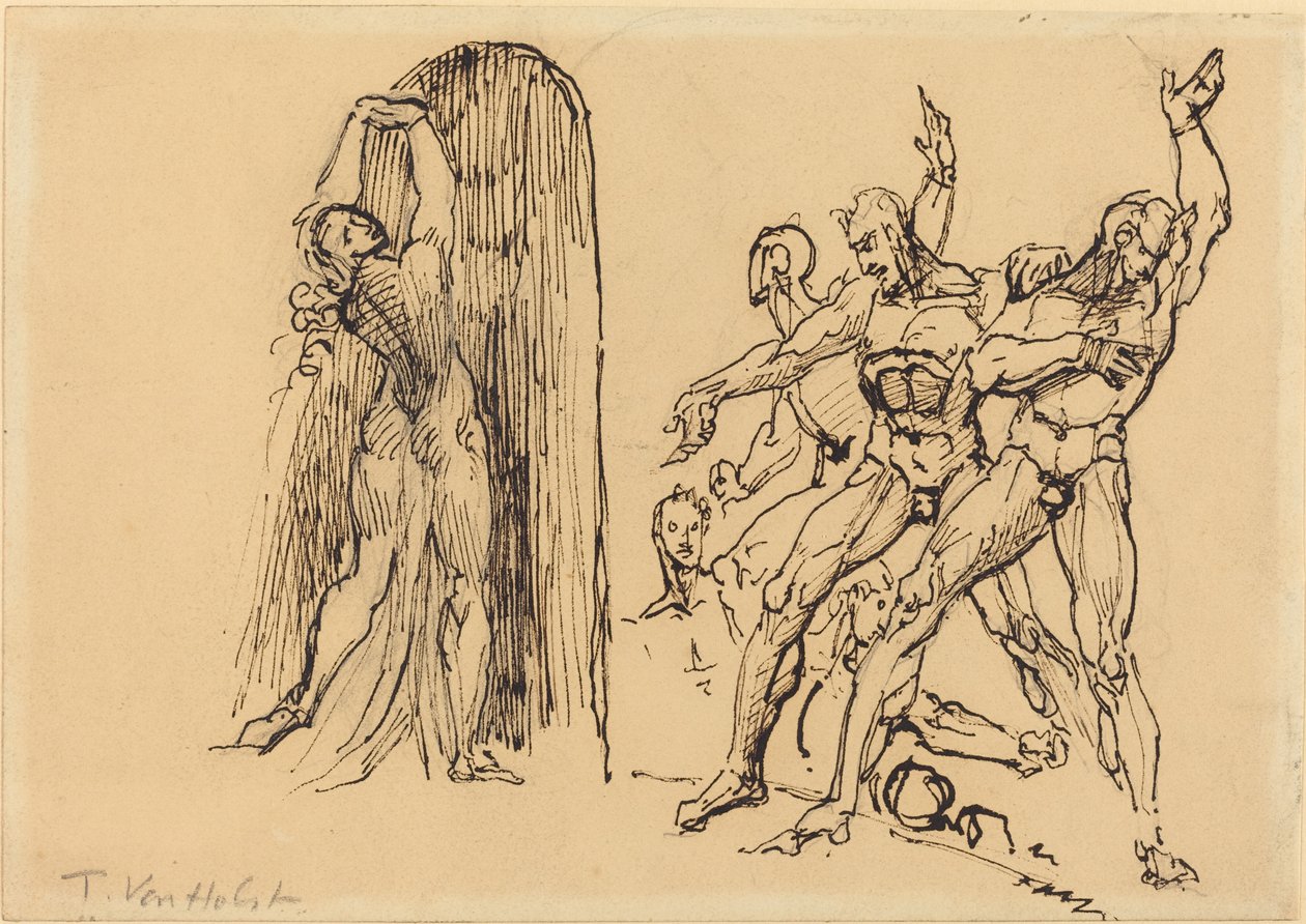 Cinco Hombres Desnudos Gesticulando mientras una Mujer Desnuda Entra en un Portal de Theodore M. von Holst