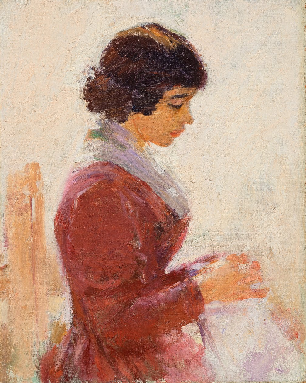 Niña de rojo, cosiendo de Theodore Robinson