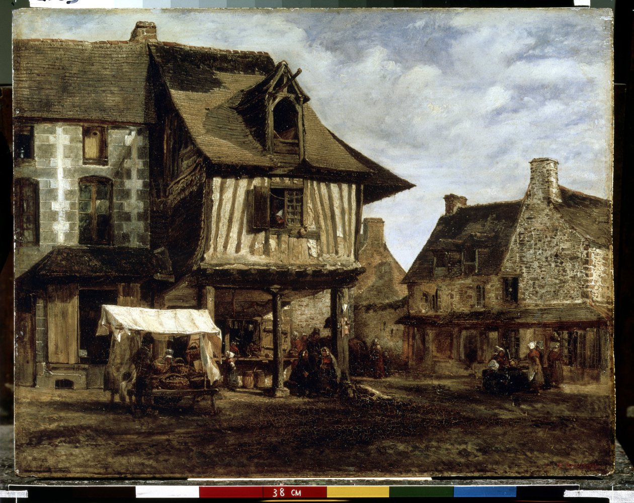 Plaza del mercado en Normandía (casas con entramado de madera) (Plaza del mercado en Normandía). Pintura de Theodore Rousseau (1812-1867). Óleo sobre tabla, 29,5 x 38 cm, hacia 1830. Arte francés de Barbizon. Museo del Hermitage, San Petersburgo. de Theodore Rousseau