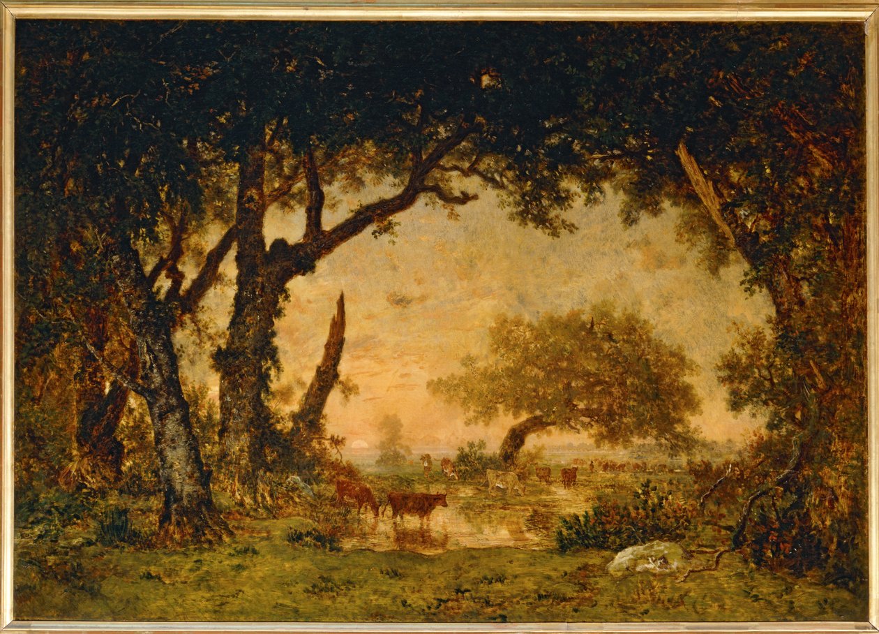 Salida del bosque en Fontainebleau, puesta de sol... de Theodore Rousseau