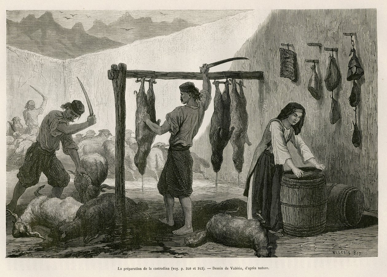 La preparación de la castradina, especialidad de carne de oveja y cabra salada y ahumada, hacia finales de octubre, en Dalmacia (Istria y Herzegovina (Croacia)), dibujo de Valerio, para ilustrar el viaje a Montenegro, en 1874, por Charles Yriarte de Theodore Valerio