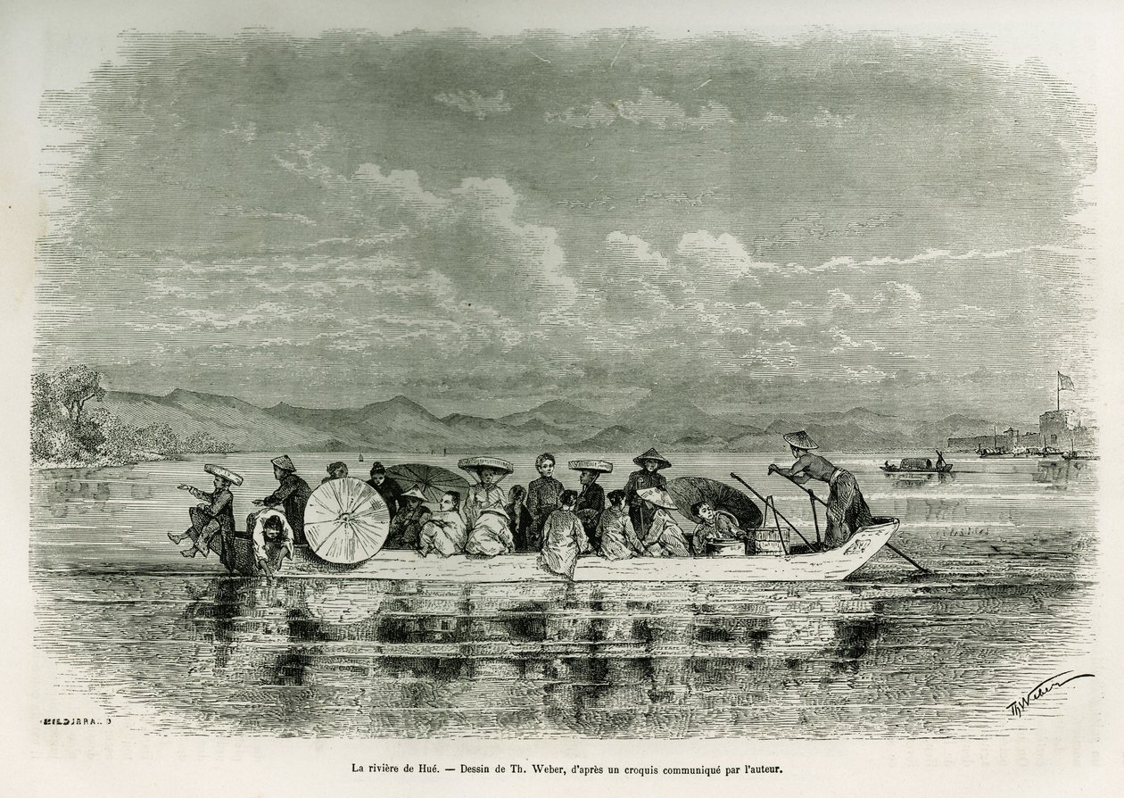 Un barco en el río de Hue (Vietnam), ilustración de la historia de ocho días de embajada en Hue (Reino de Annam), en 1875, por el Sr. Brossard de Corbigny, teniente (N), adjunto a la misión. Grabado en Le tour du monde de Theodore Weber