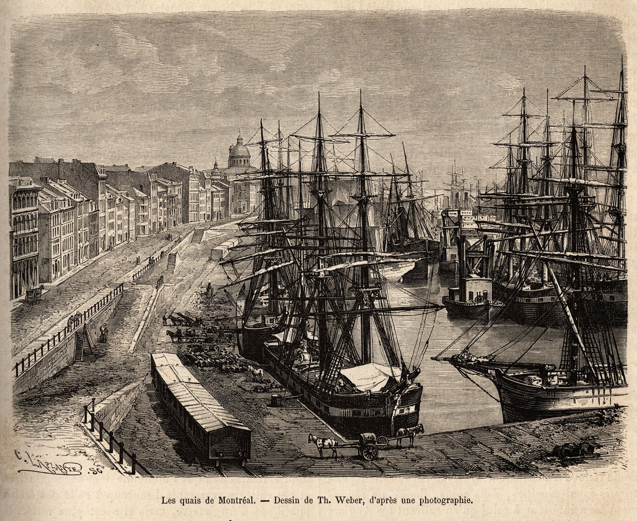 Los muelles de Montreal, grabado después de un dibujo de Th. Weber, ilustrando la excursión a Canadá y al Río Rojo del norte, por H. De Lamotte, en 1873, publicado en “Le tour du monde” 1875, editado por Edouard Charton, edición Hachette, París. Colección  de Theodore Weber