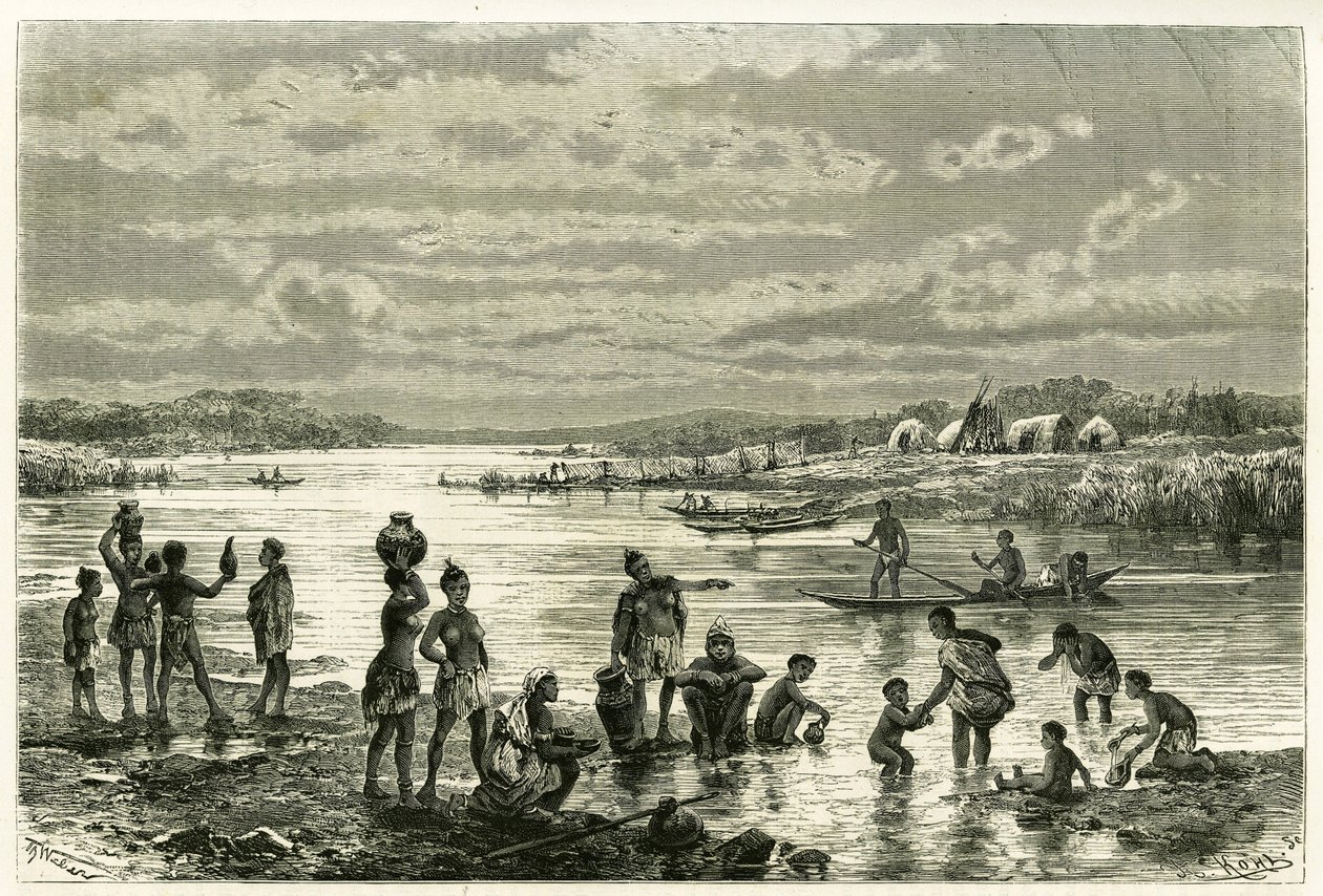 Vida en las orillas del río Zambeze, los marutses se preocupan mucho por su limpieza y el lavado para ellos es una actividad de primera necesidad. Grabado de Th. Weber, ilustración de la historia “En el país de los Marutses”, en 1875-1879, por el Dr. Emile de Theodore Weber