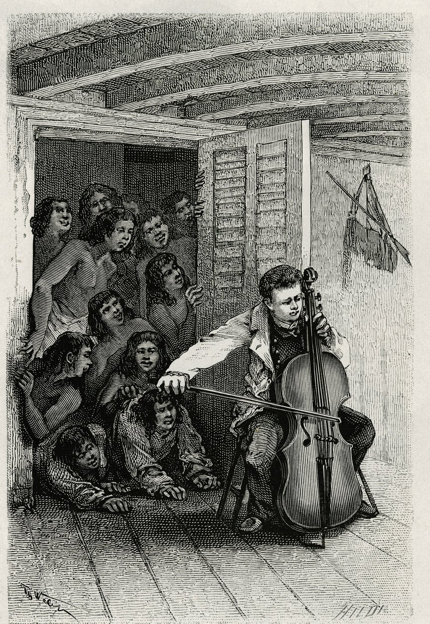 Retrato del autor viajero, tocando el violonchelo y atrayendo a una audiencia de curiosos. Grabado de Th.Weber, para ilustrar la historia “Les Iles Wallis”, del Dr. Emile Deschamps, médico mayor del 80º de infantería. Publicado en Le Tour du Monde. de Theodore Weber