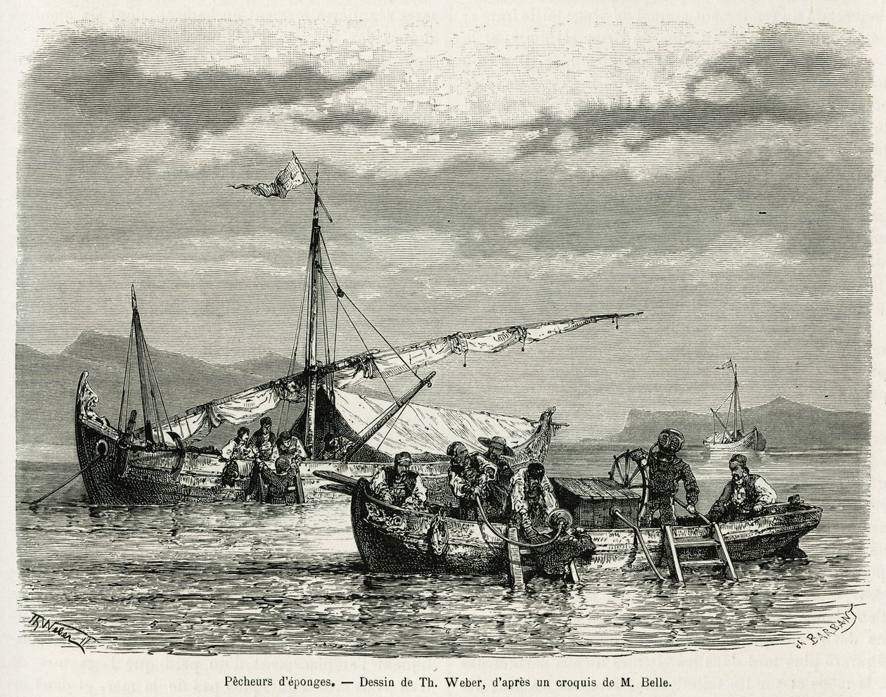 Pescadores de esponjas en el Golfo de Nafplio, ilustración de la historia de un viaje a Grecia en 1861, 1868 y 1874, por Henri Belle. Grabado en Le tour du monde de Theodore Weber