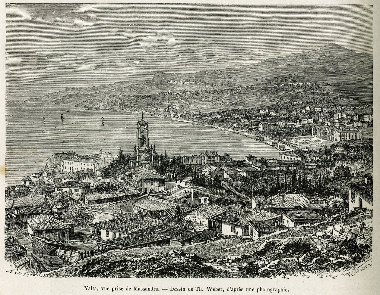 La ciudad de Yalta, tomada desde Massandra, dibujo de Th.Weber, para ilustrar la historia Cuatro Meses en Rusia, en 1876, por F. De Mely. Grabado en Le tour du monde de Theodore Weber