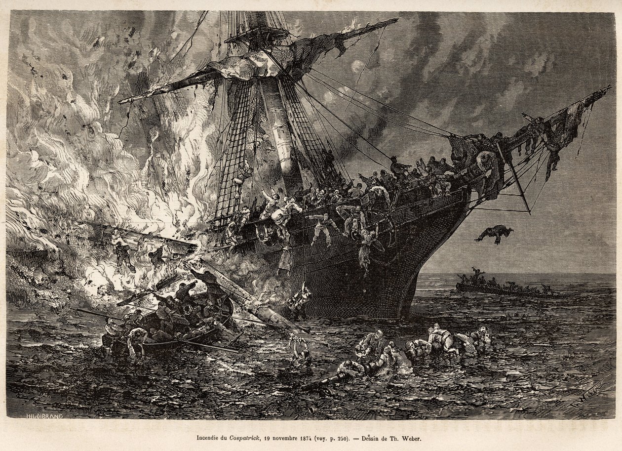 El incendio del Cospatrick, un barco británico que transportaba a más de 400 emigrantes a Nueva Zelanda, el 19 de noviembre de 1874, grabado después de un dibujo de T. Weber, ilustrando el estudio de tormentas y viajes, por Mr. Zurcher y Mr. Margolle, en 1 de Theodore Weber