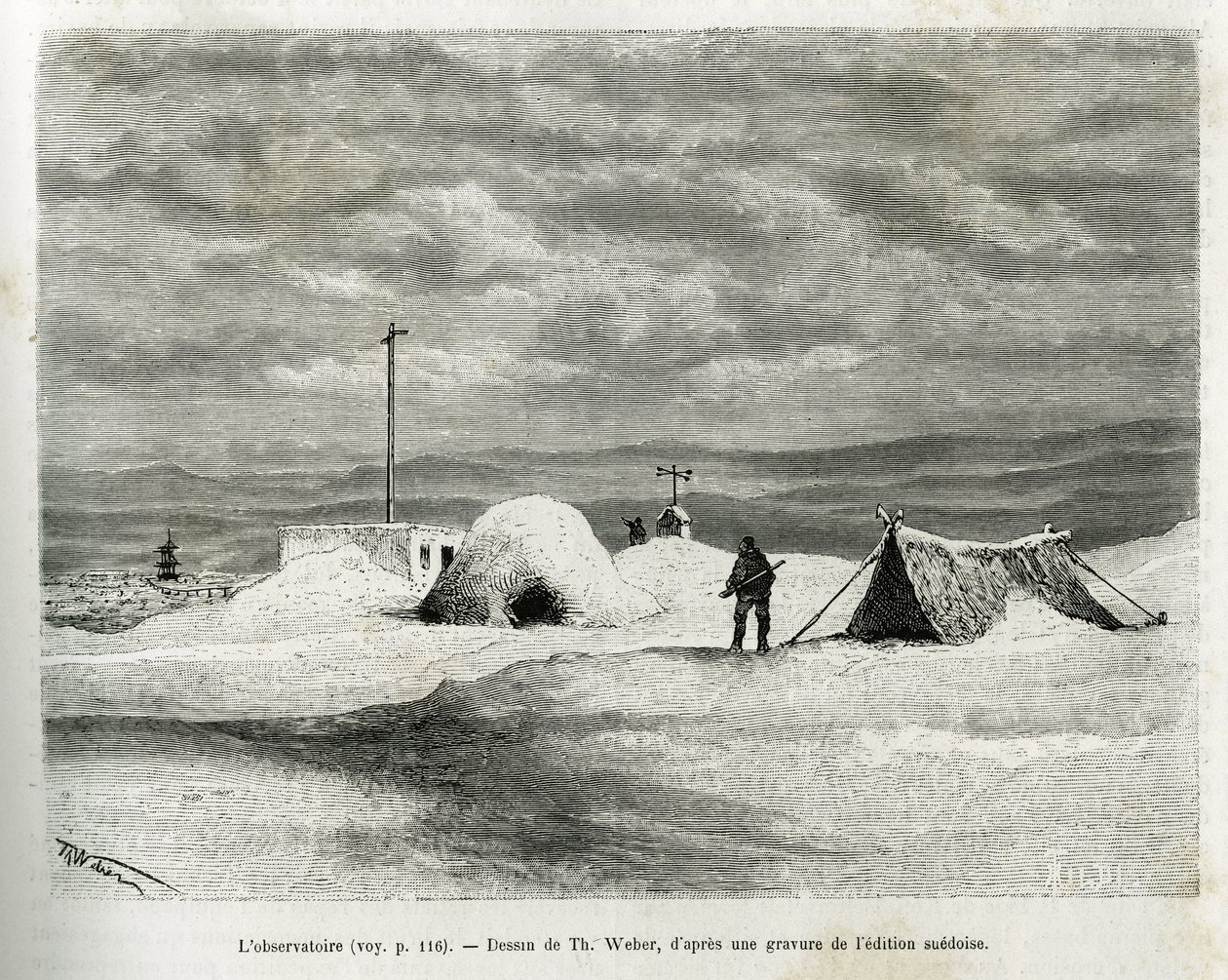 El observatorio meteorológico fue instalado en la bahía de Koljutschin (círculo polar), mientras el barco La Vega estaba atrapado en el hielo y la tripulación se preparaba para invernar. Grabado por Th. Weber, ilustración de la historia “Viaje de la Vega a de Theodore Weber