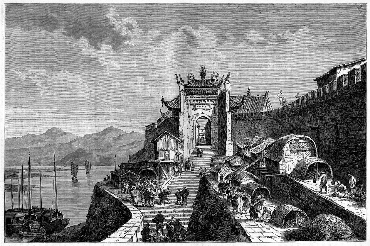 Vista de la Puerta de Shanghái en el río Huangpu, China en los años 1870-1880. Grabado después de un dibujo de Weber, en “Le Tour du Monde, Nouveau journal des Voyages”, editado por Edouard Charton, París de Theodore Weber