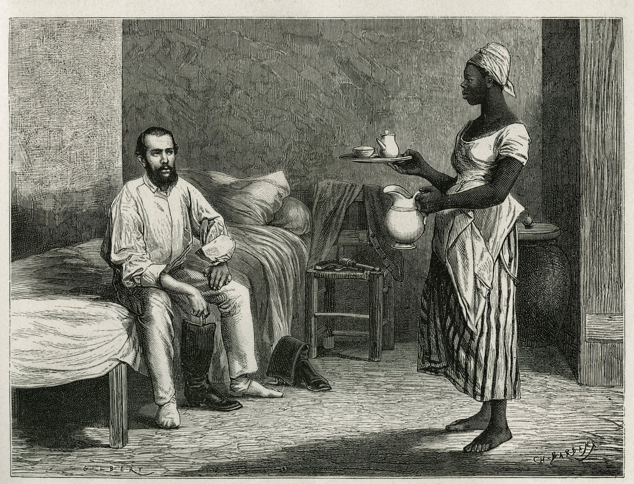 Retrato del autor y viajero, al despertar, siendo servido el café en su habitación por una joven haitiana, grabado por T.Wust, para ilustrar la historia La república de Haití, por Edgar La Selve, profesor de retórica en Puerto Príncipe, en 1871, publicado  de Theodore Wust