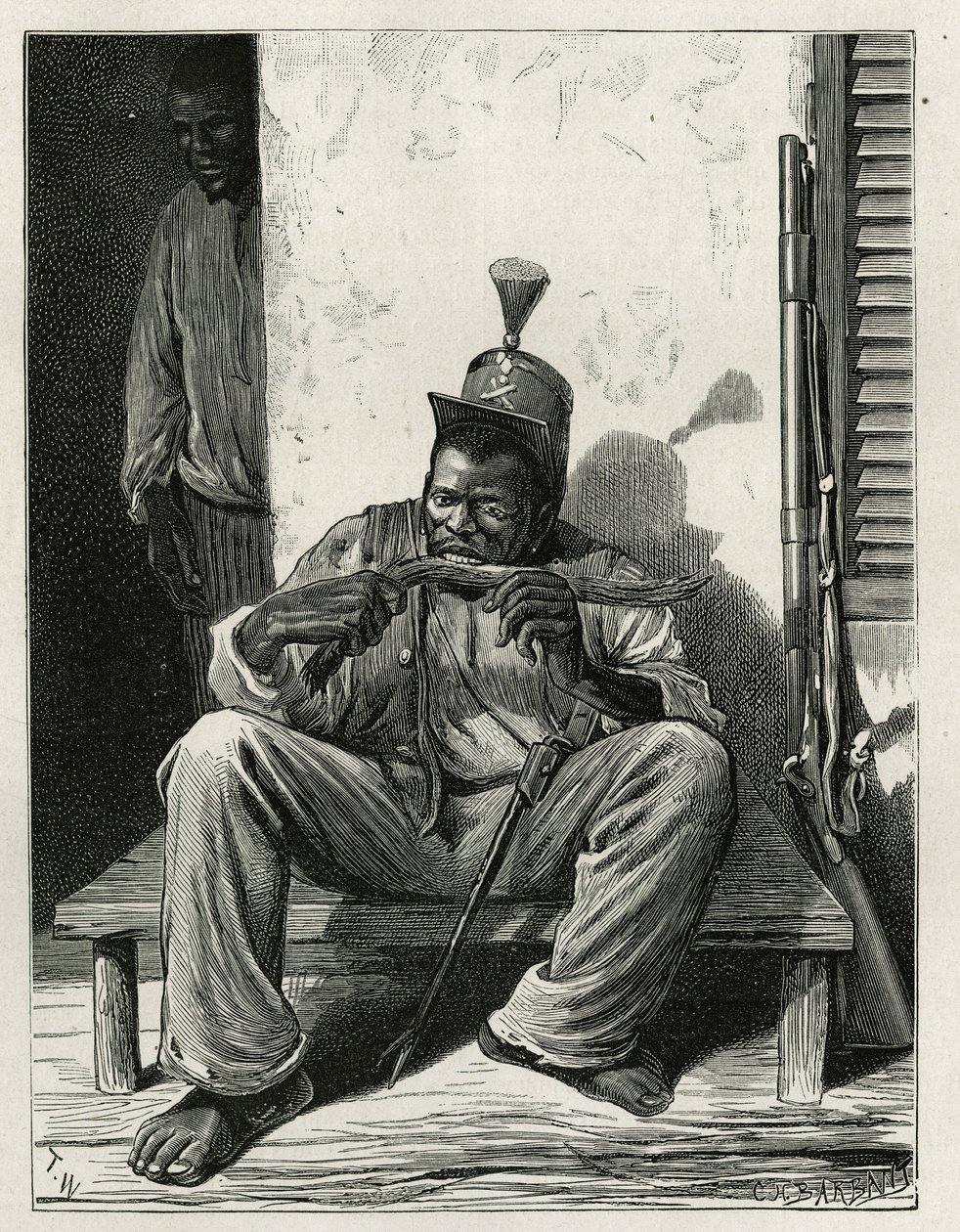 El faccionario de la oficina del lugar, rifle apoyado contra la pared, devorando un trozo de caña de azúcar, grabado por T. Wust, ilustración de la historia La república de Haití, por Edgar La Selve, profesor de retórica en Puerto Príncipe, en 1871, public de Theodore Wust