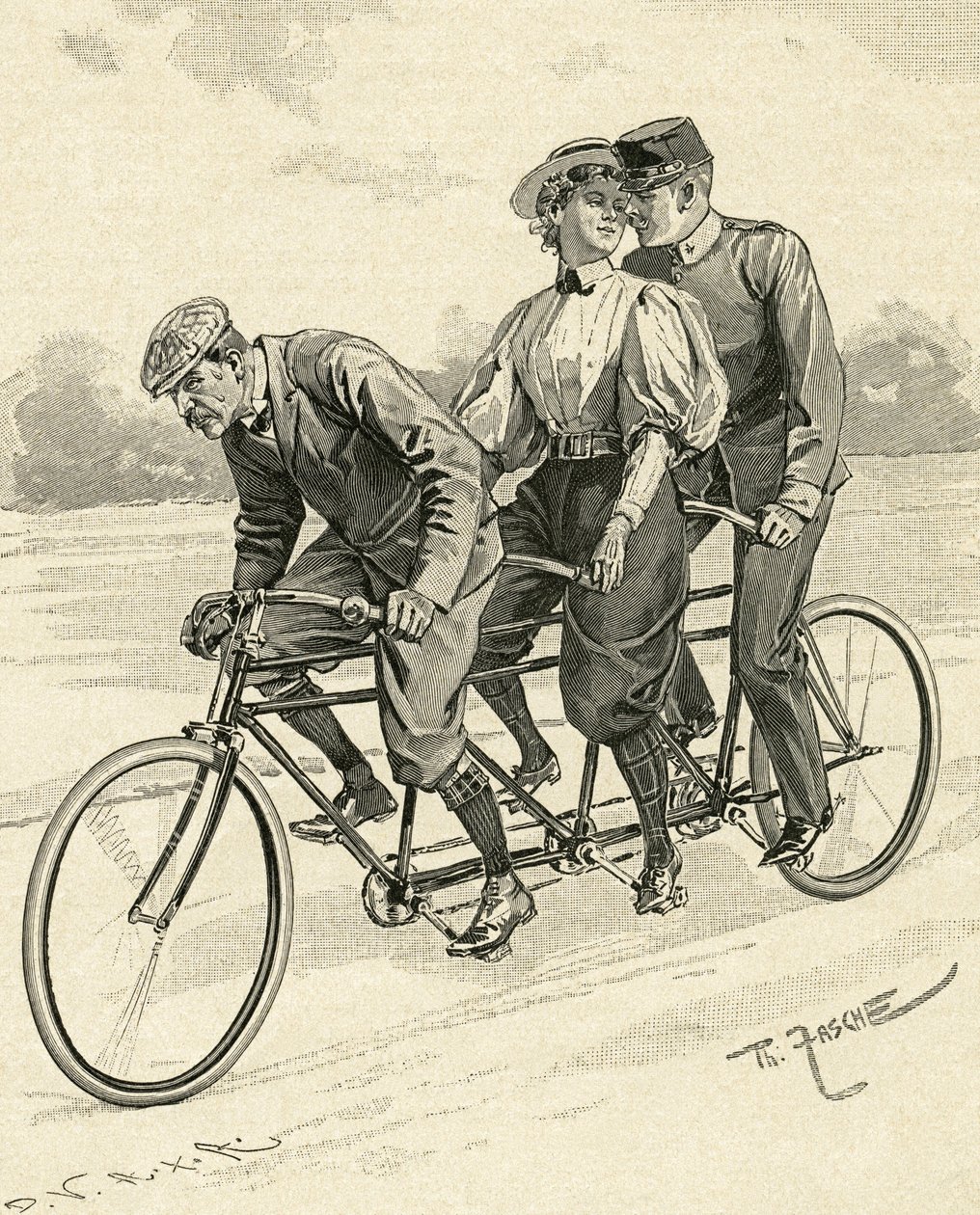 Bicicleta para tres personas, llamada bicicleta tándem de Theodore Zasche