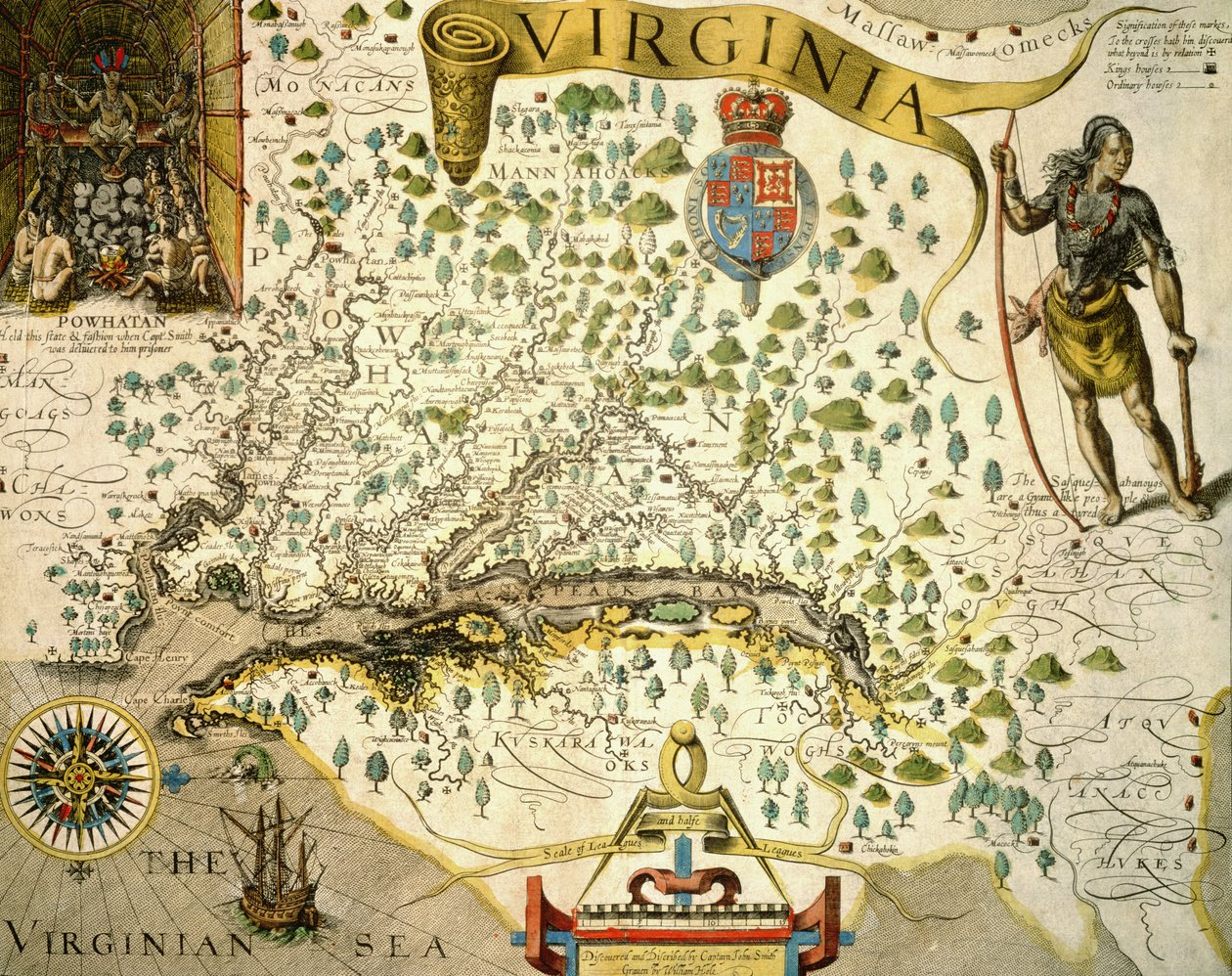 Sloane MS 1622 Mapa de Virginia, que muestra en la parte superior izquierda una imagen del Jefe Powhatan por John Smith (1580-1631) 1624 (grabado a mano) de Theodore de (after) Bry