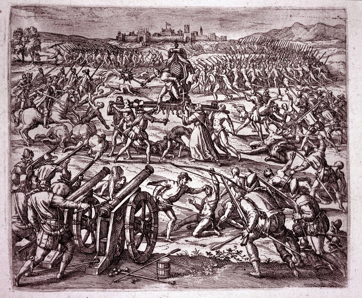 Un monje dominico, sintiéndose burlado por el rey inca Atahualpa (Atabaliba), anima a Francisco Pizarro a buscar venganza. Grabado de Theodore de Bry