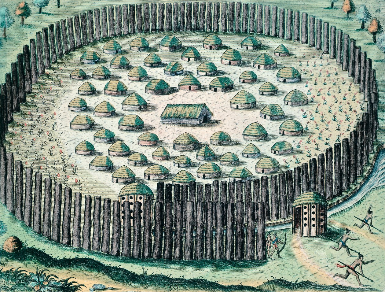 Pueblo indio fortificado, Ilustración del Discurso de Florida de Theodore de Bry