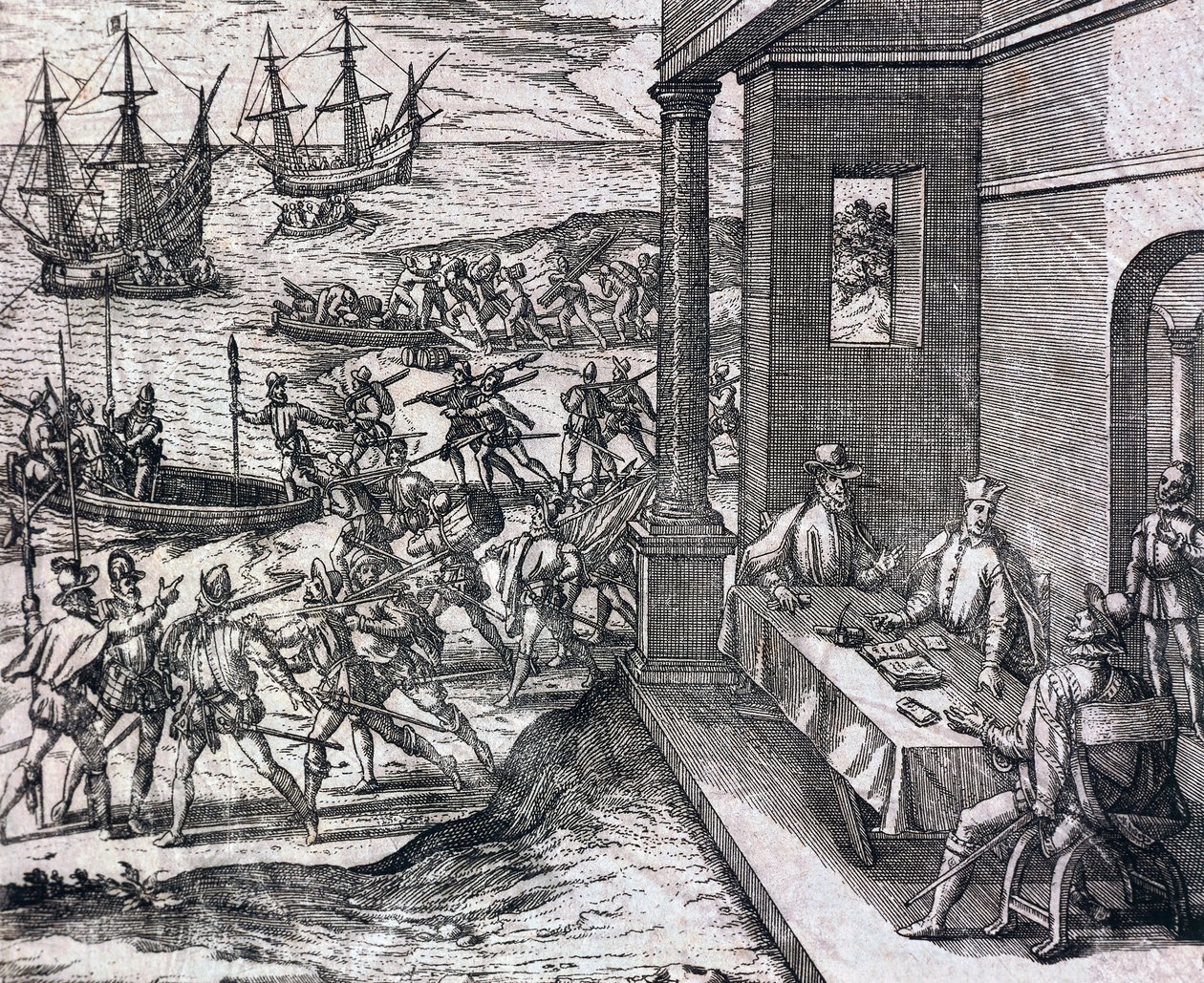 Acuerdo entre Francisco Pizarro, Diego de Almagro y Hernando de Luque para explorar y explotar Perú de Theodore de Bry