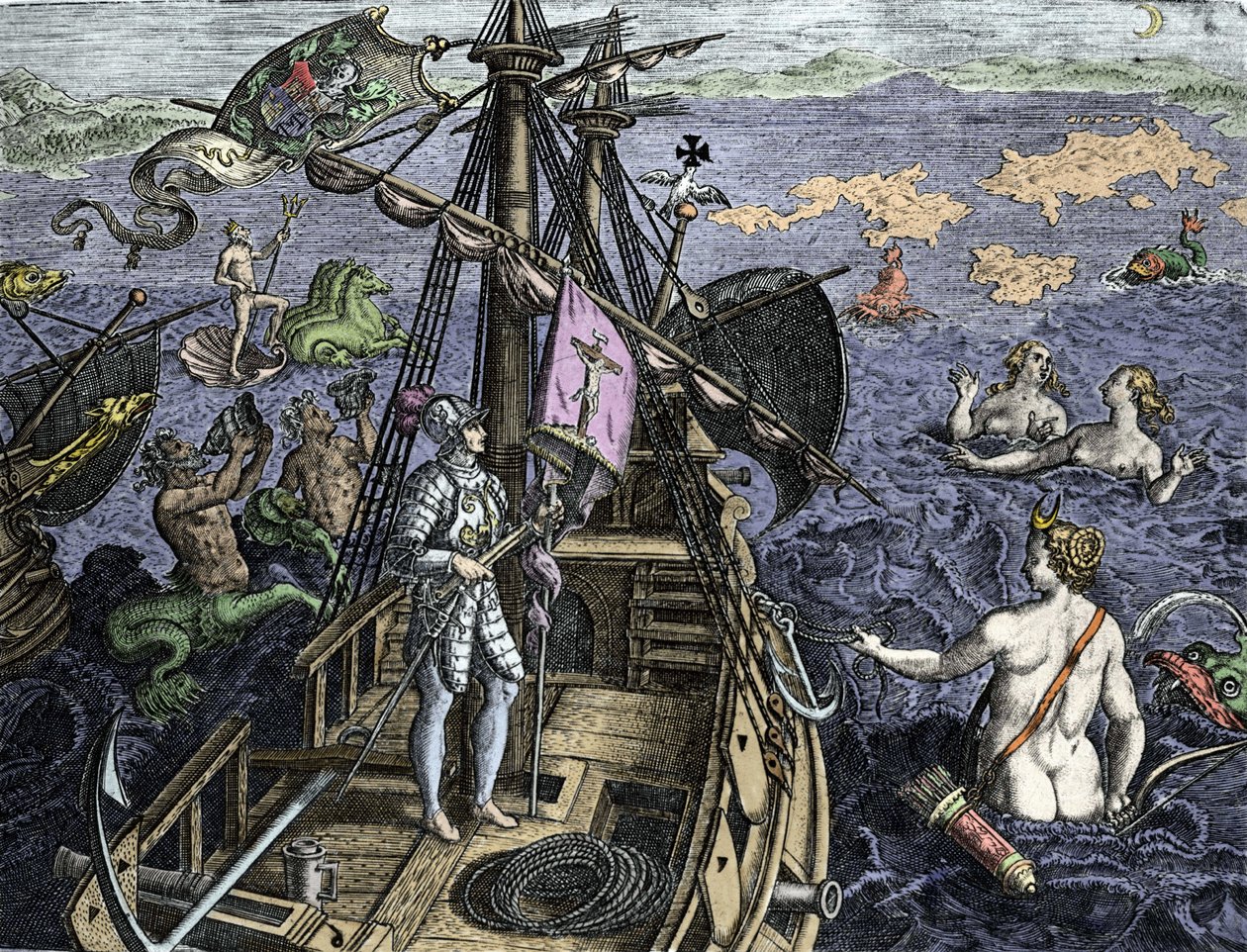 Alegoría de los viajes de Cristóbal Colón (1451-1506), grabado de “Historia Americae sive Novi Orbis” de Theodor de Bry (1527-1598), Ámsterdam 1594 de Theodore de Bry