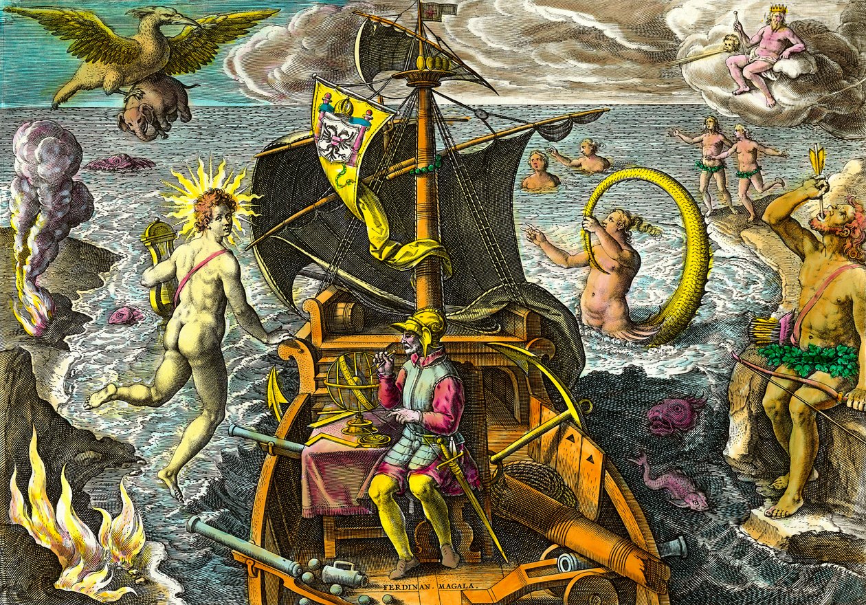 Alegoría sobre los viajes del navegante Fernando de Magallanes, representado en su barco usando una esfera armilar y rodeado de personajes mitológicos y animales fantásticos. Grabado de “Admirante Narratio Americae” de Theodore de Bry de Theodore de Bry