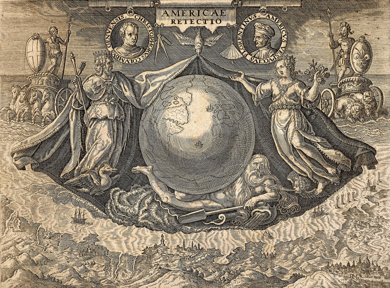 Alegoría de las Indias Occidentales o Américas, con retratos de los navegantes Cristóbal Colón y Américo Vespucio de Theodore de Bry