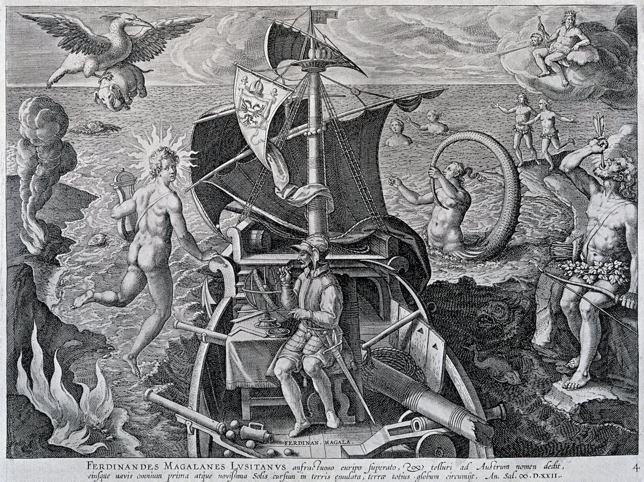 Alegoría sobre los viajes de Fernando de Magallanes (1480-1521), por Theodor de Bry (1528-1598) de Theodore de Bry