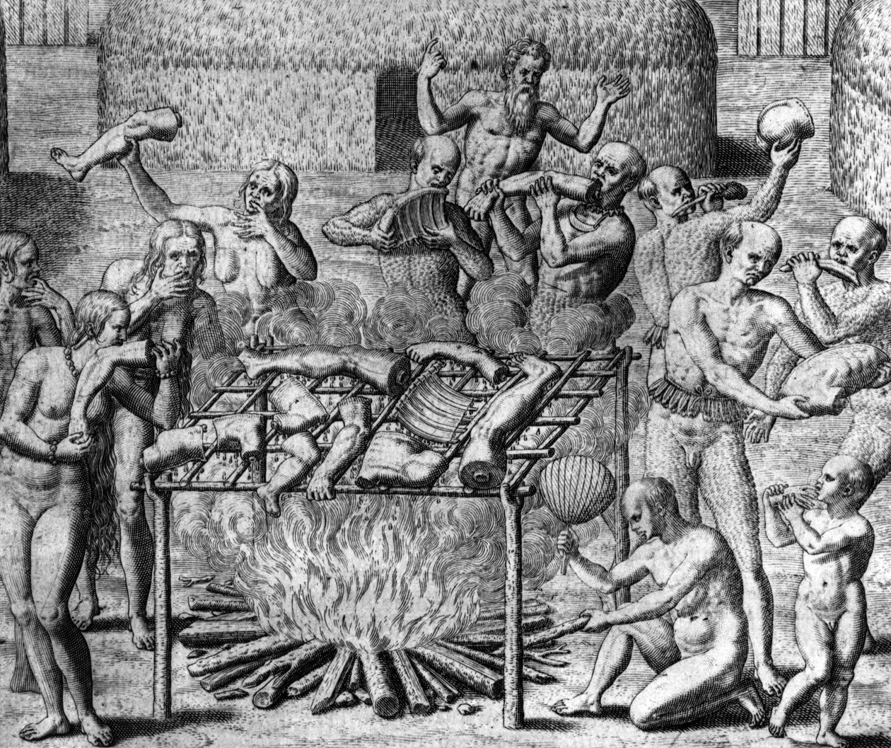 Comidas antropófagas: caníbales en Brasil - en "Admirante Narratio Americae", por Théodore de Bry de Theodore de Bry